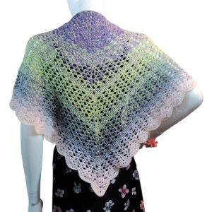 Close up of the back of the torso of a white mannequin wearing a triangular crochet shawl with the long center in back and the two sides draped over the shoulders. The shawl is lacy and changes pastel colors from purple to green to gray to pink.
